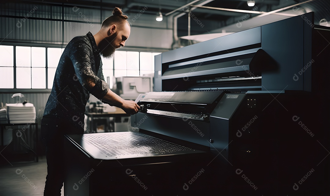 Homem trabalhando na máquina em uma indústria gráfica