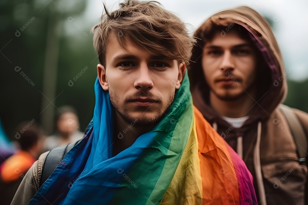 Casal de homens com bandeira do LGBTQIA