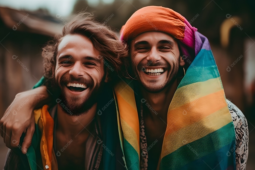 Casal de homens com bandeira do LGBTQIA