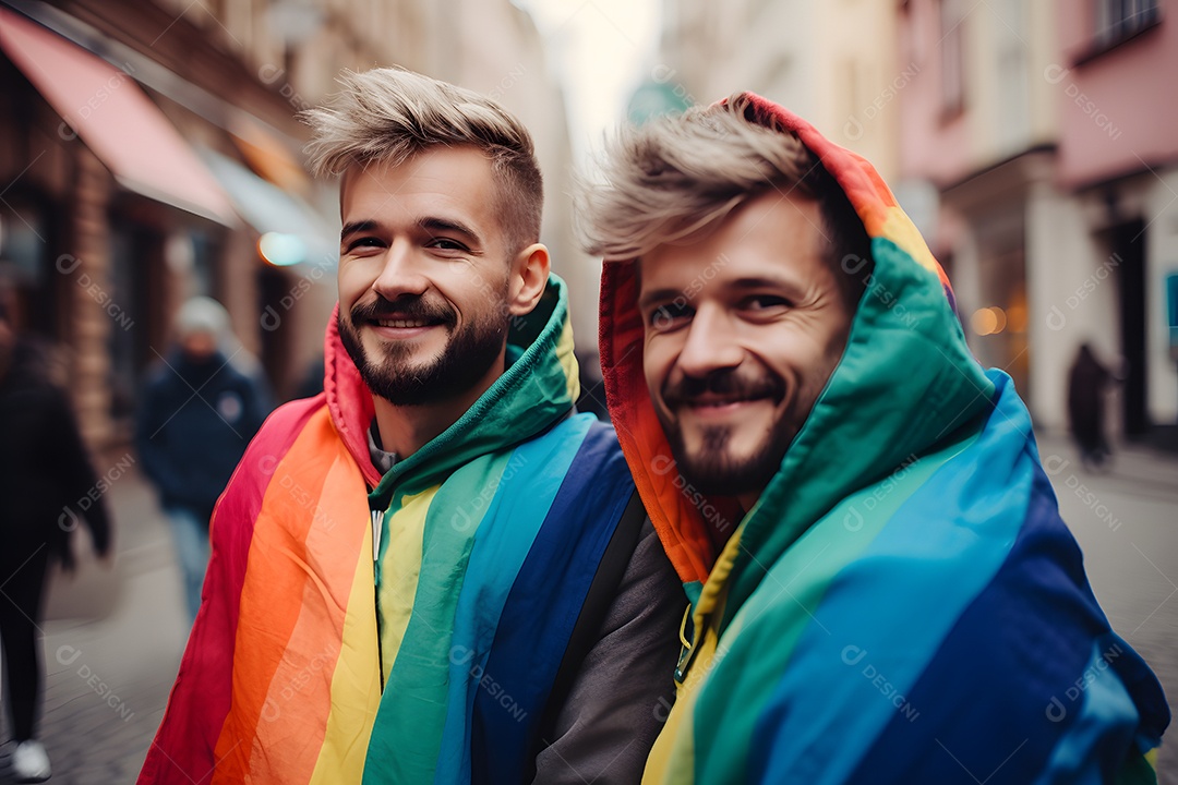 Casal de homens com bandeira do LGBTQIA