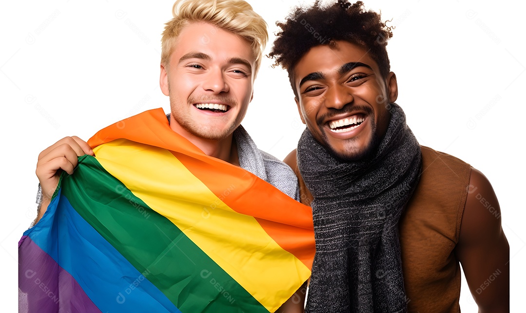 Casal de homens com bandeira do LGBTQIA
