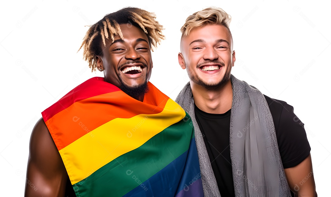 Casal de homens com bandeira do LGBTQIA