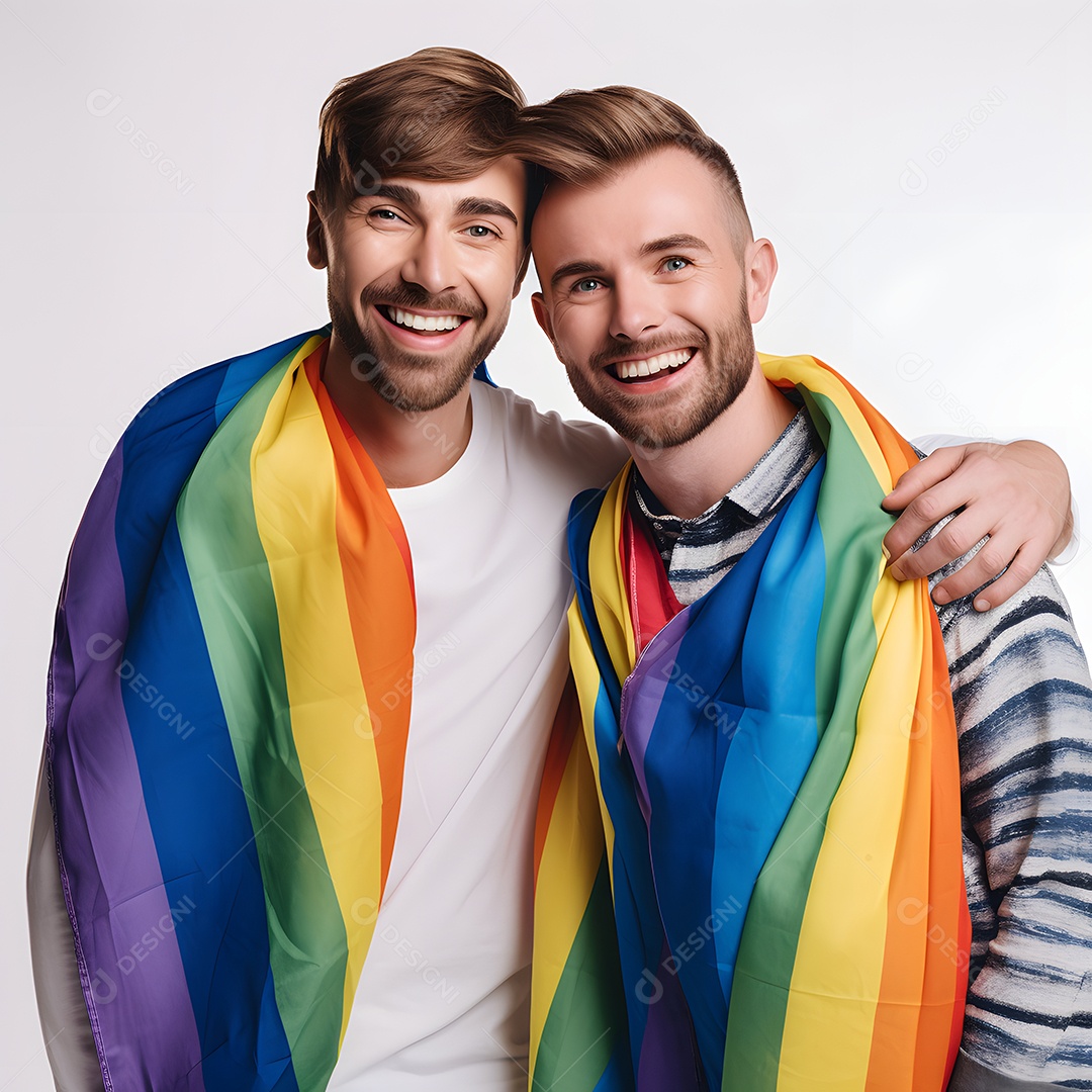 Casal de homens com bandeira LGBTQIA