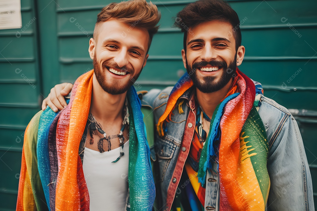 Casal de homens com bandeira LGBTQIA