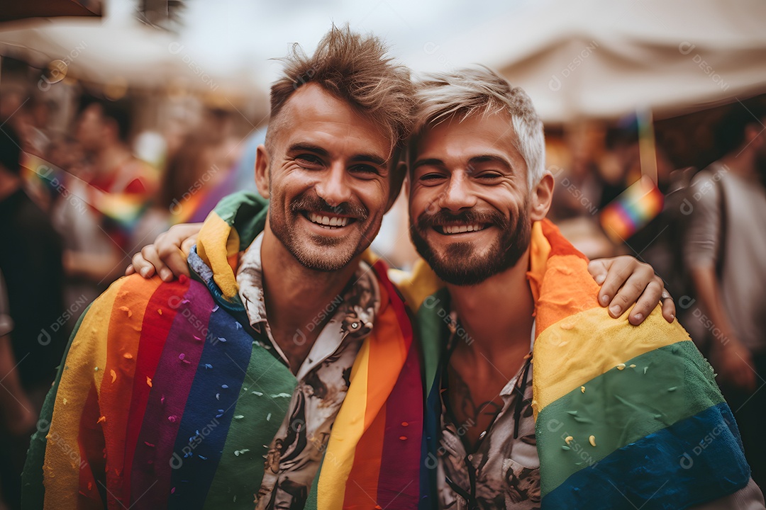 Casal de homens com bandeira LGBTQIA