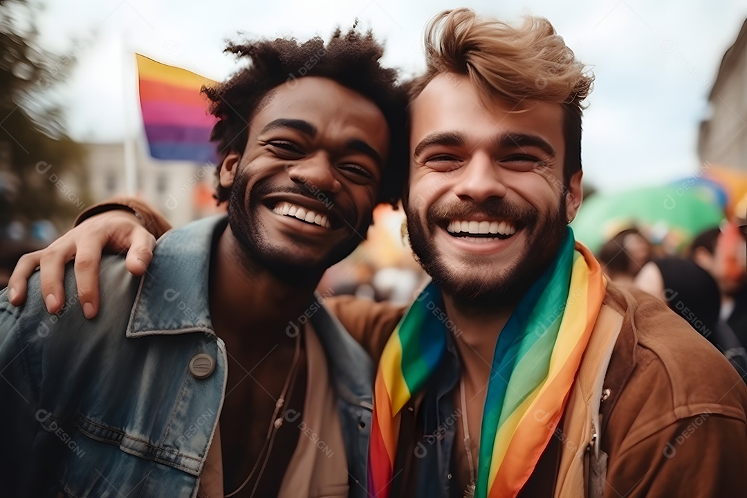 Casal de homens com bandeira LGBTQIA