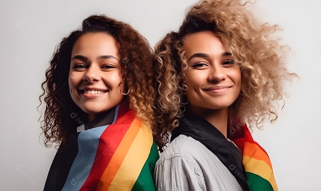 Casal de mulheres com bandeira LGBTQIA
