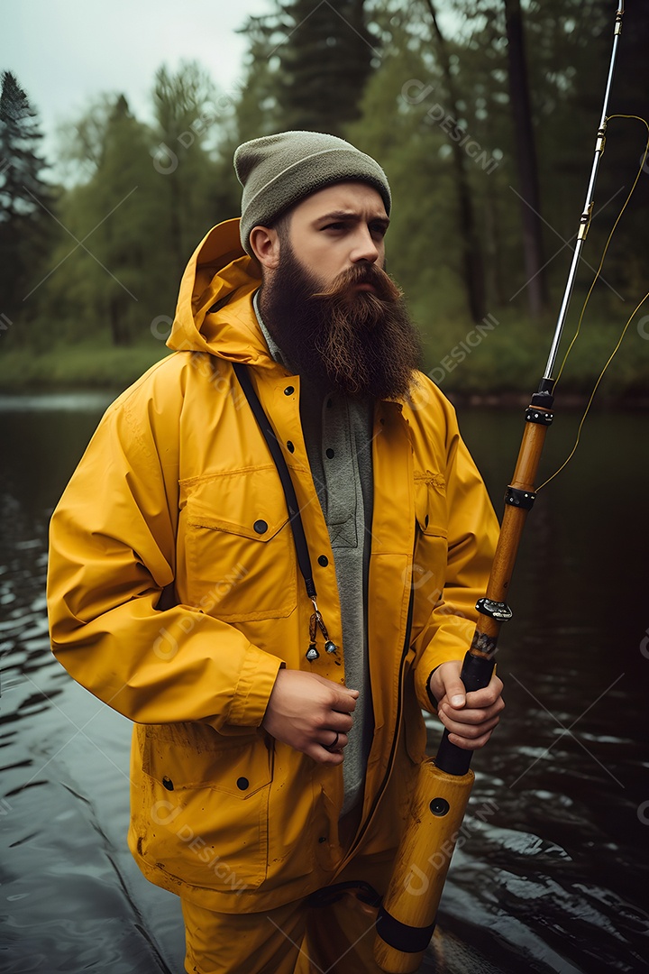 Homem pescador no lago com vara de pescar