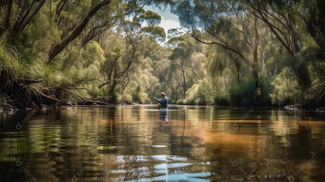 Homem pescador no lago pescando