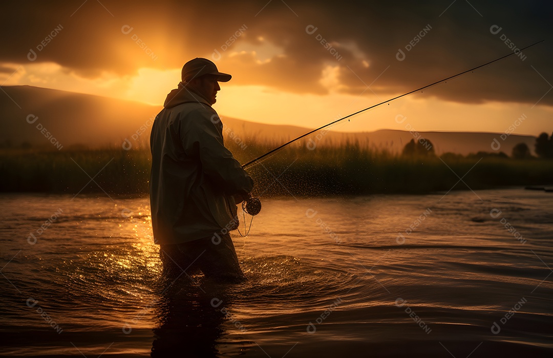 Homem pescador no lago pescando