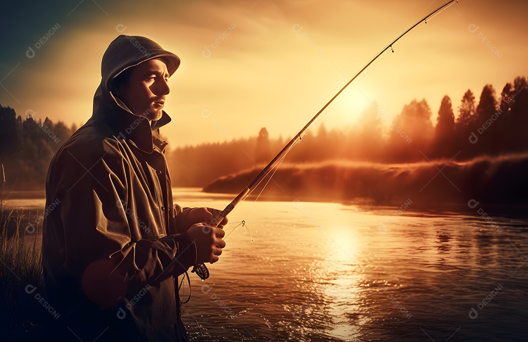 Homem pescador no lago pescando