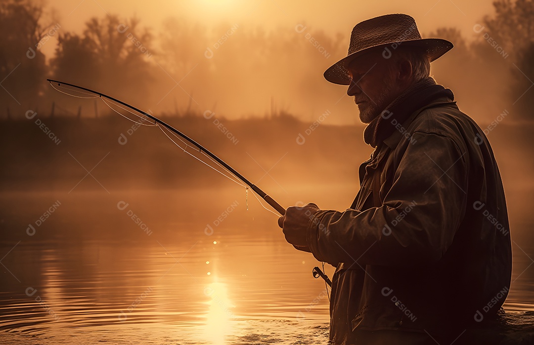 Homem pescador na beira do rio pescando