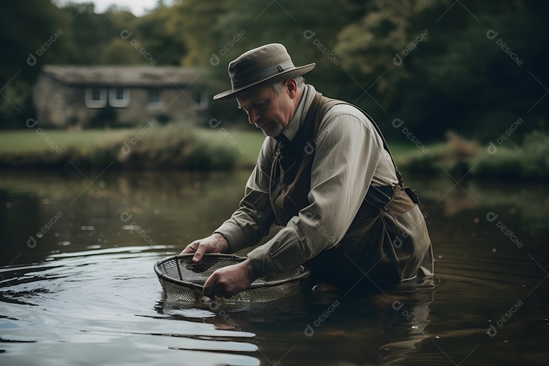 Homem pescador segurando rede de pesca