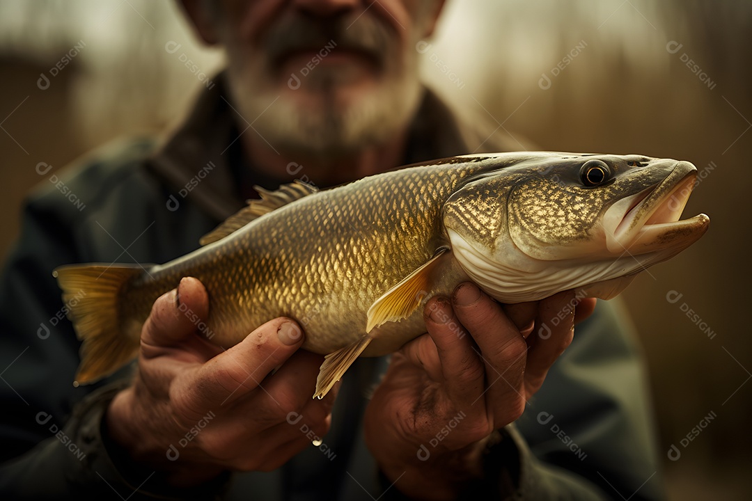 Homem pescador segurando peixe