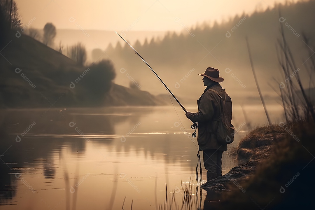 Homem pescador na beira do rio pescando