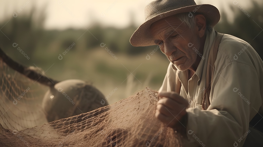 Homem pescador segurando rede de pesca