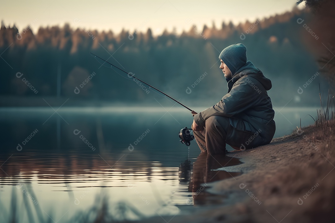 Homem pescador na beira do rio pescando
