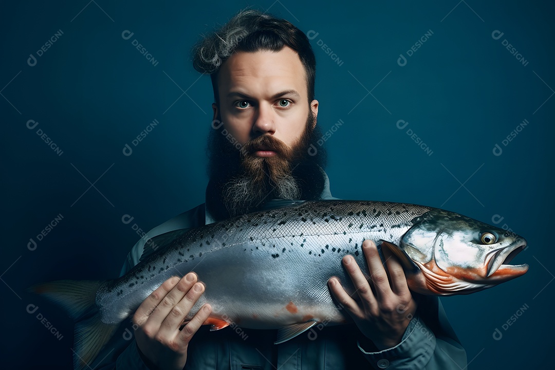 Homem barbudo pescador segurando peixe