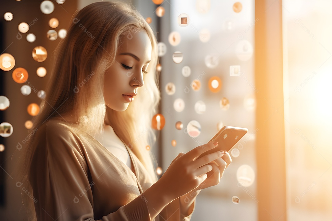 Mulher jovem usando celular nas redes sociais