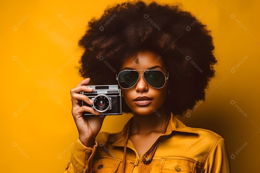 Retrato de linda mulher negra segurando câmara retrô