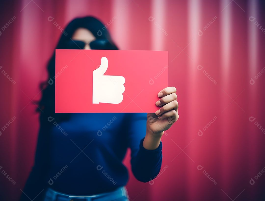 Mulher segurando placa de like