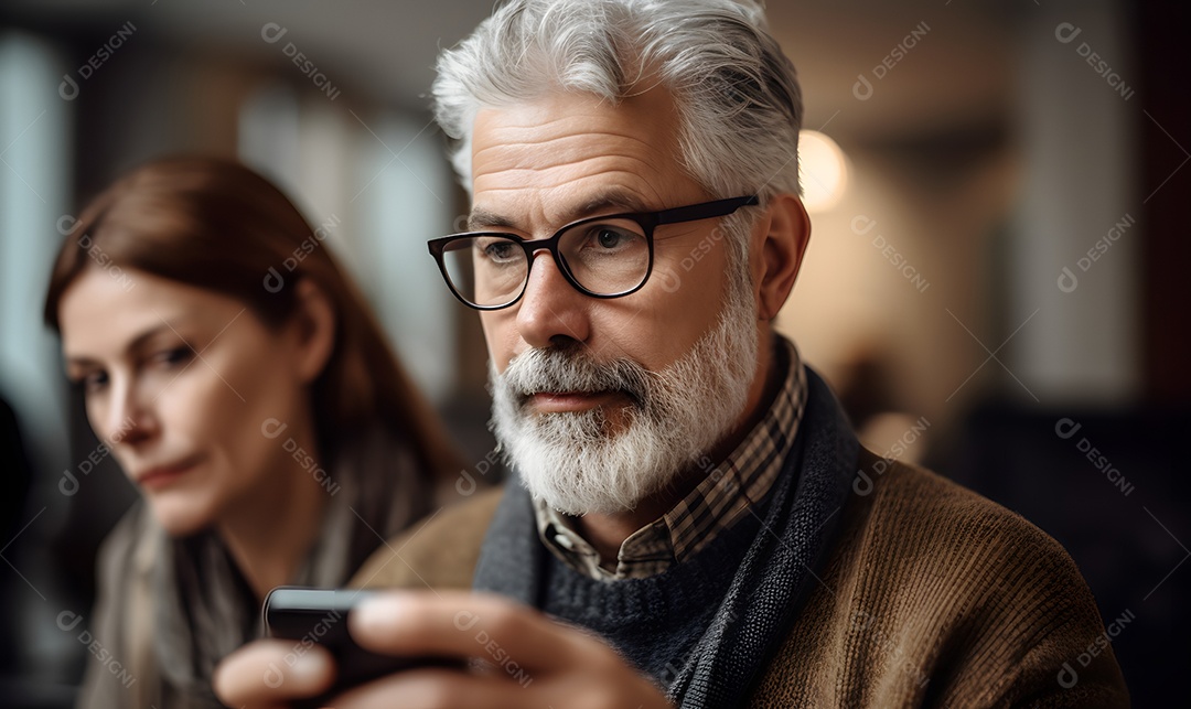 Homem com barba branca e óculos usando celular