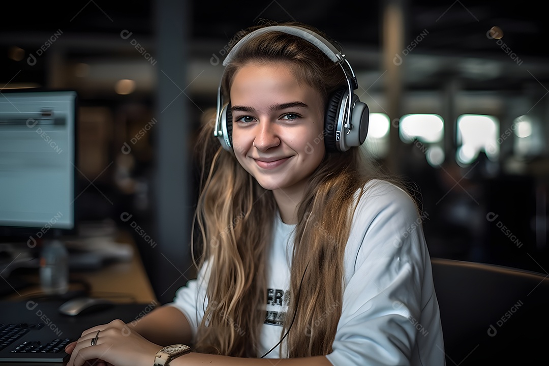 Mulher jovem sorridente trabalhando com fone de ouvido