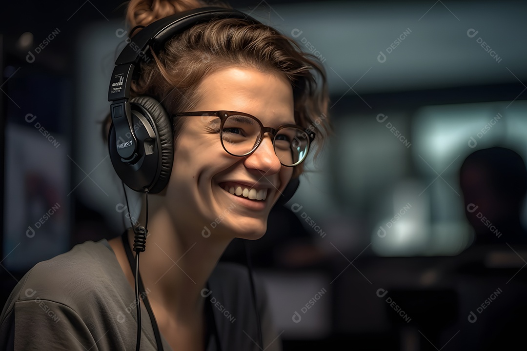 Mulher jovem sorridente com fone de ouvido