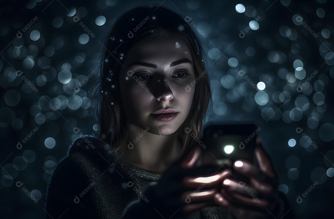 Linda mulher jovem usando celular em redes sociais