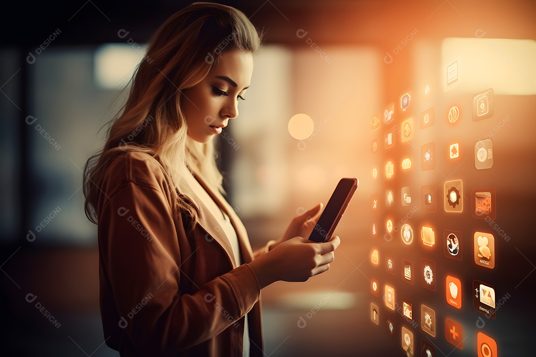 Linda mulher jovem usando celular em redes sociais