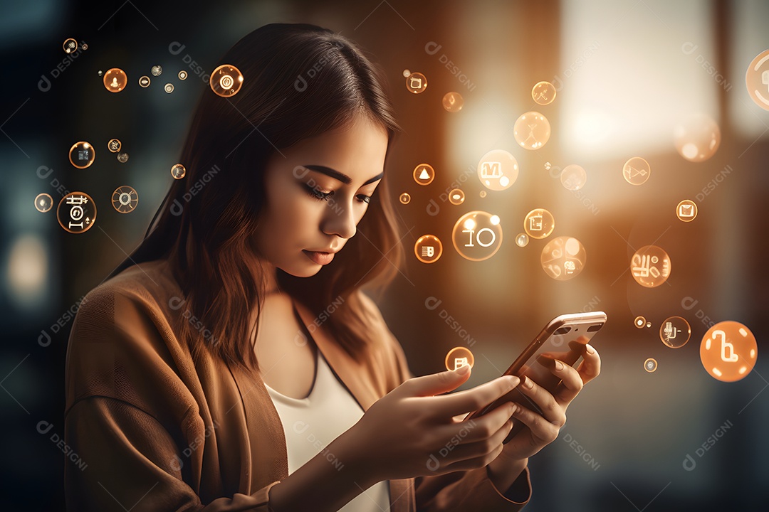 Linda mulher jovem usando celular em redes sociais