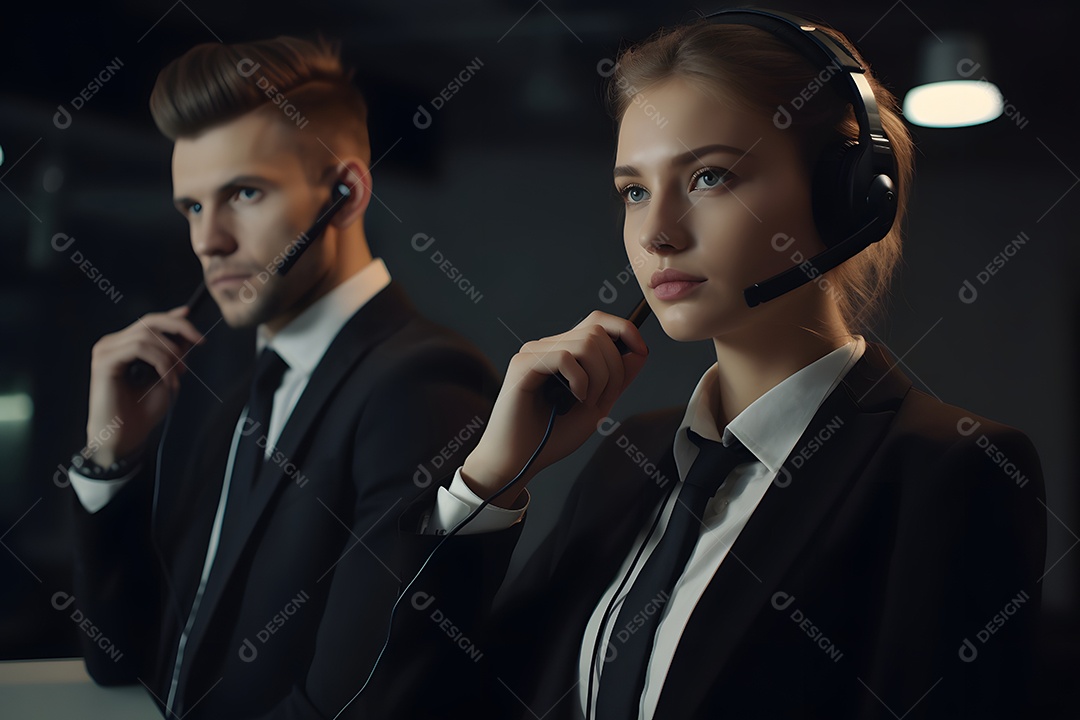 Homem e mulher telefonistas de fone de ouvido