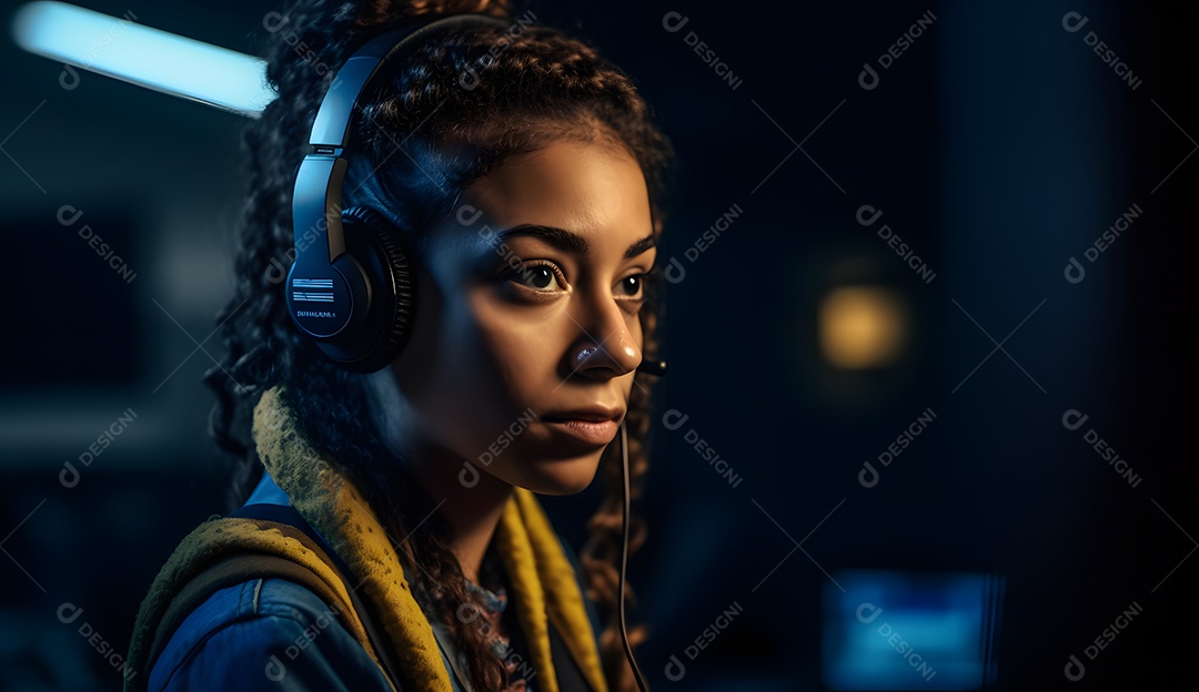 Mulher negra telefonista com fone de ouvido