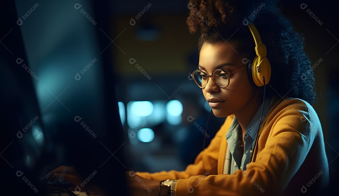 Mulher negra telefonista com fone de ouvido
