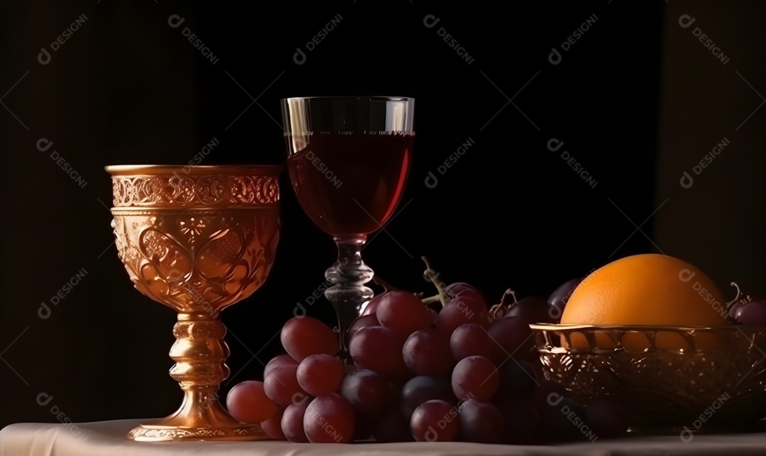 Cálice de vinho e uva sobre a mesa