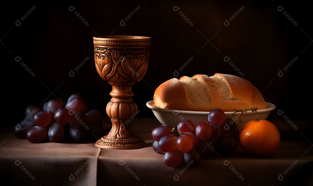 Cálice de vinho e pão para santa ceia sobre a mesa