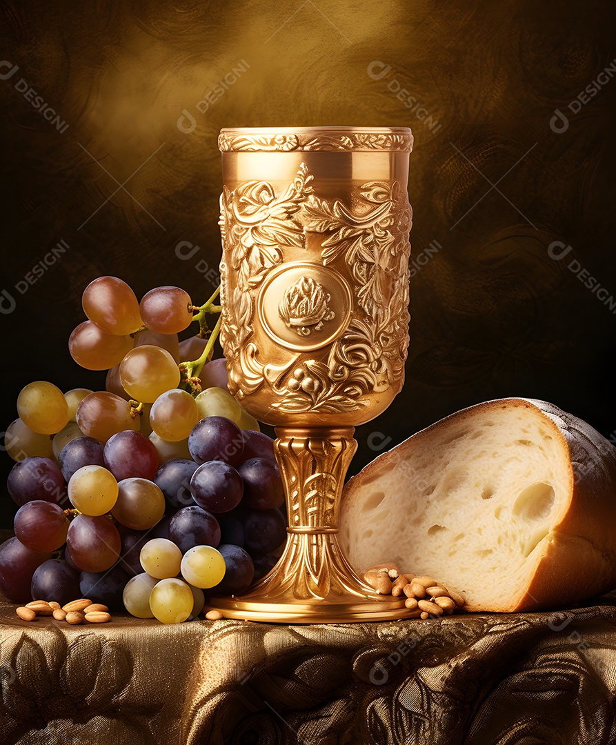 Cálice de vinho e pão para santa ceia sobre a mesa