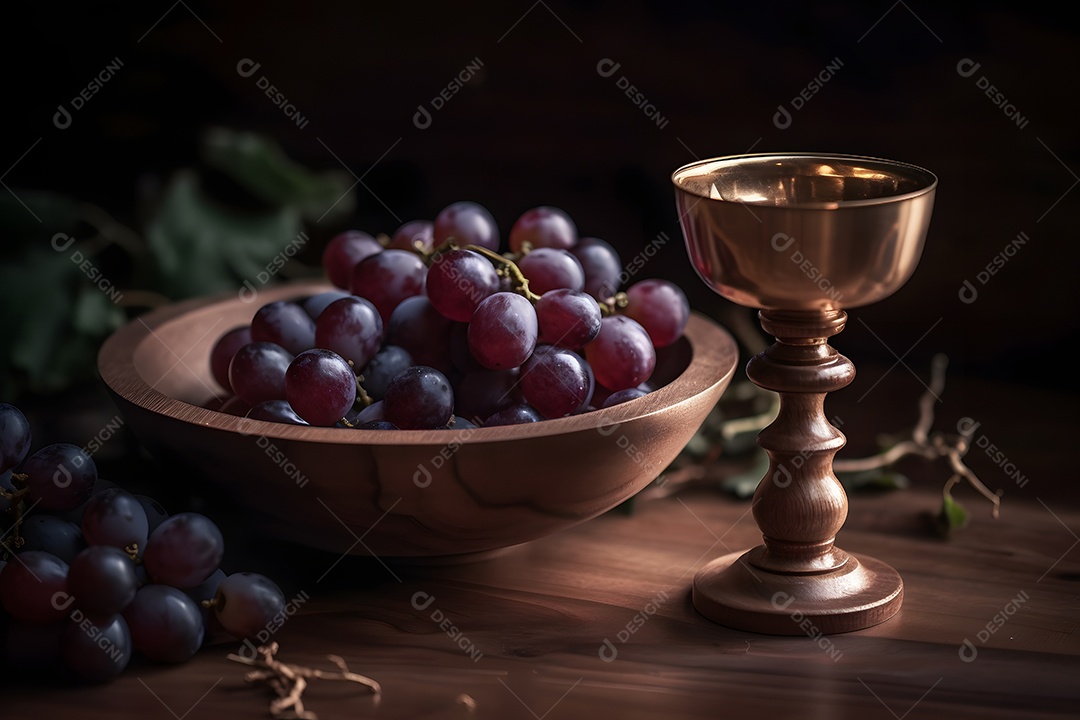 Cálice de vinho e uvas para Santa Ceia
