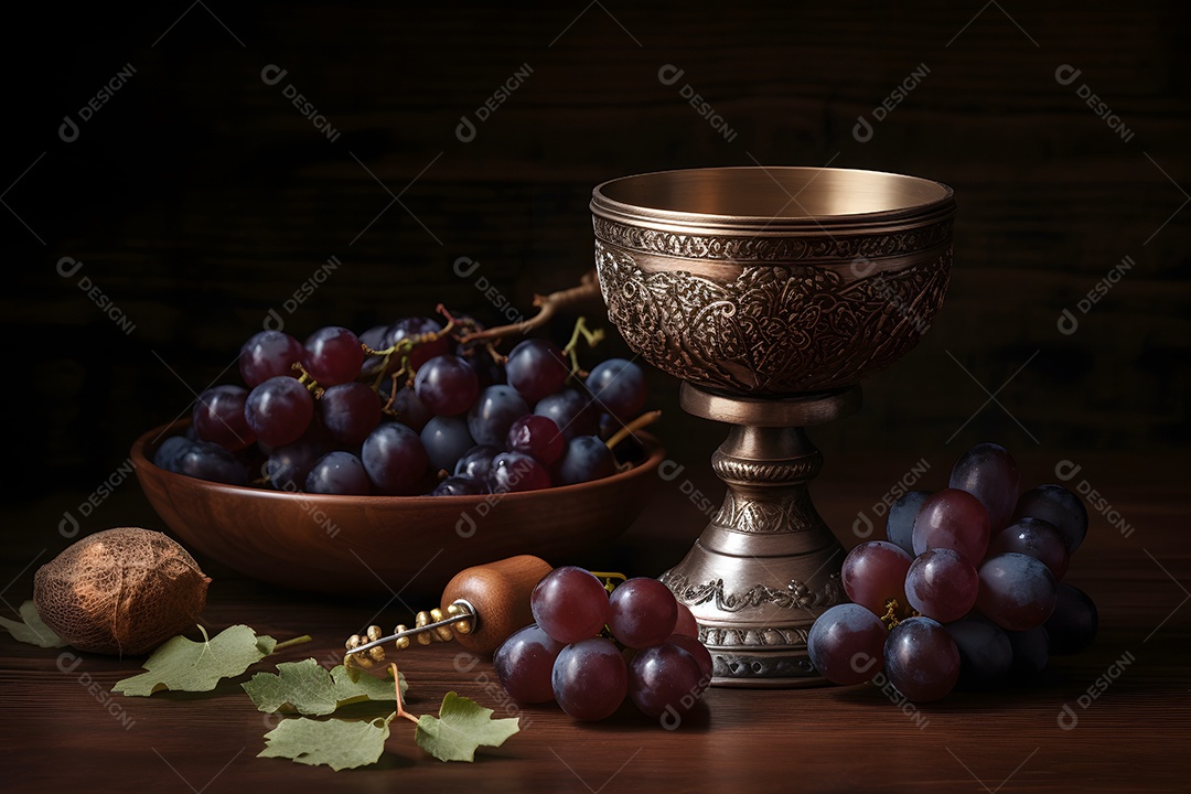 Cálice de vinho e uvas para Santa Ceia