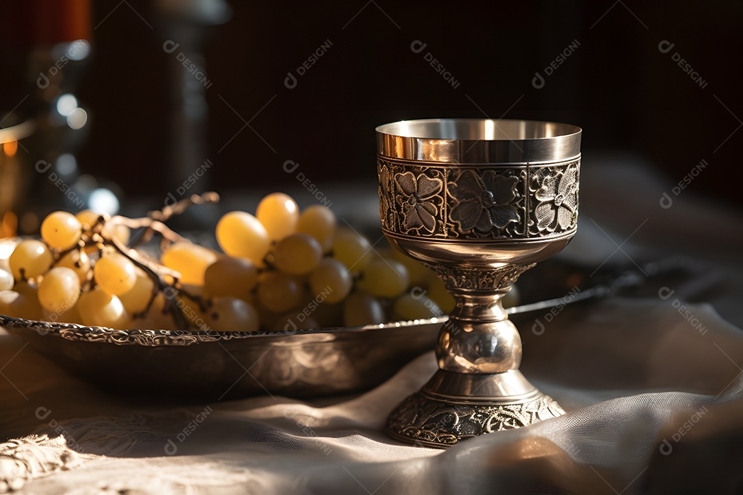 Cálice de vinho e uvas para Santa Ceia