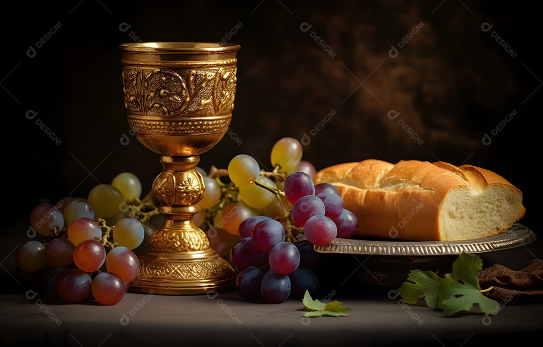 Cálice de vinho e pão para Santa Ceia