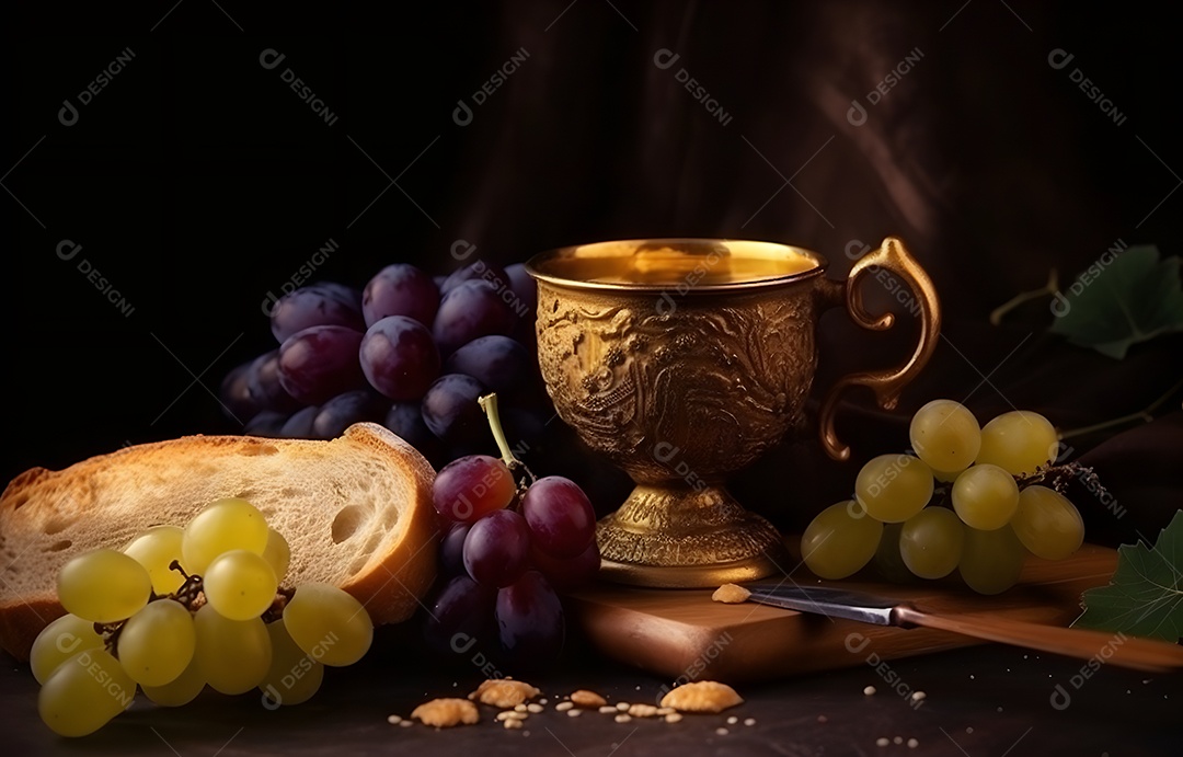 Cálice de vinho e pão para Santa Ceia