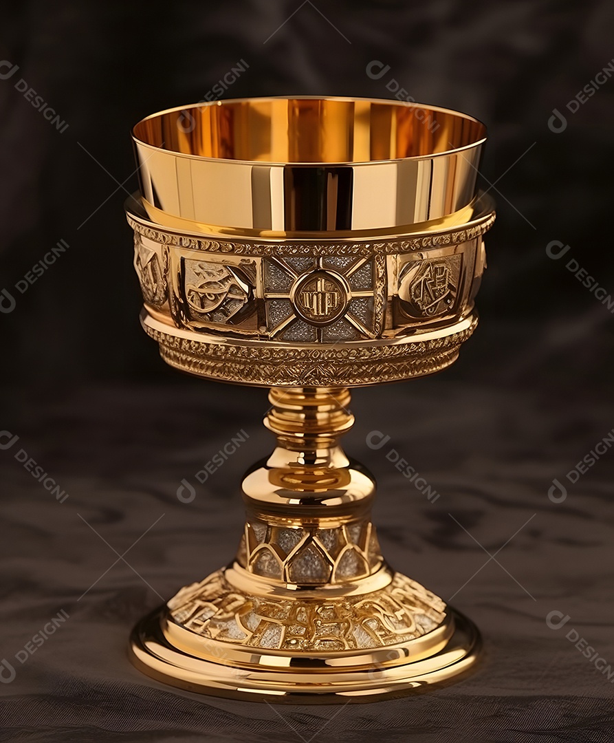 Detalhes da taça dourada para cálice de vinho