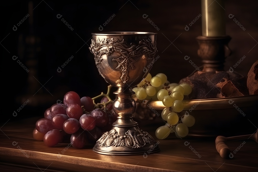 Taça de cálice e uvas para Santa Ceia