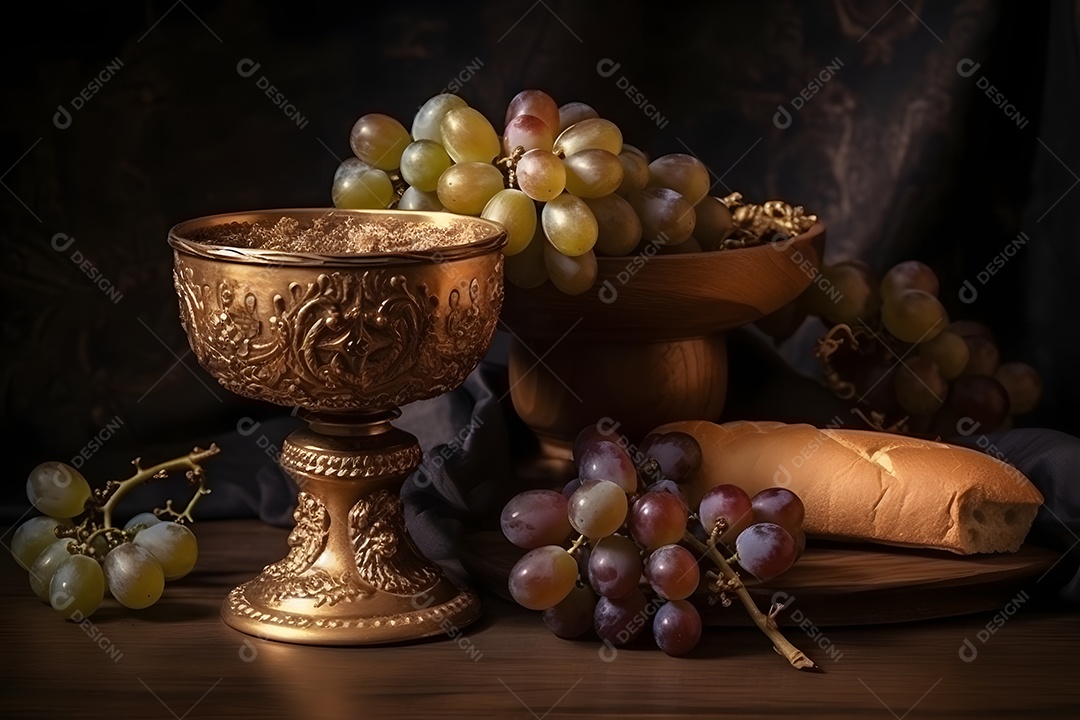 Taça de cálice e uvas para Santa Ceia