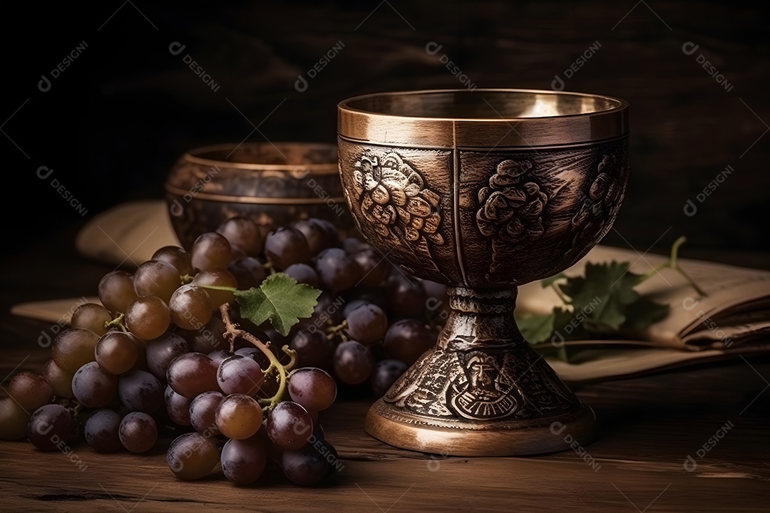 Taça de cálice e uvas para Santa Ceia