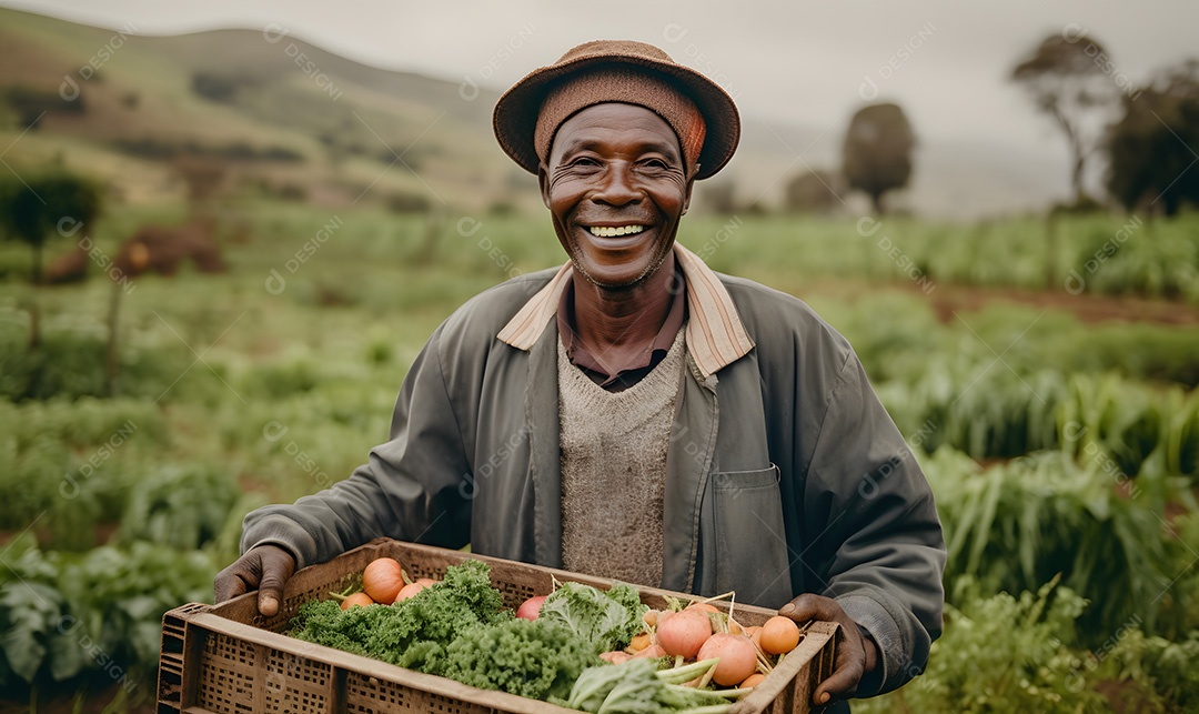 Homem agricultor sobre lavoura