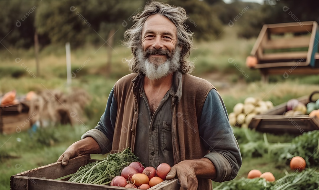 Homem agricultor sobre lavoura