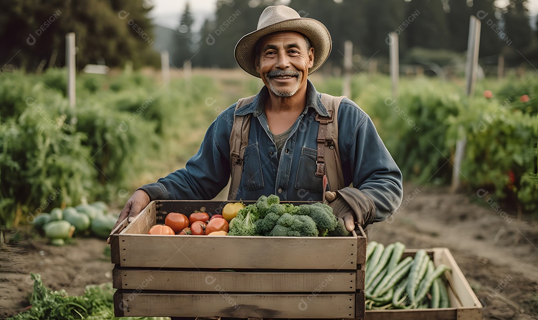 Homem agricultor sobre lavoura