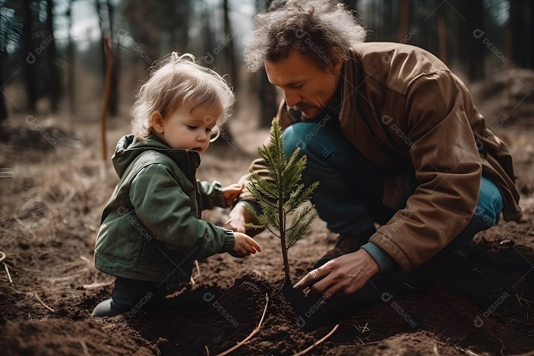 Homem ao lado de seu filho plantando planta sobre uma lavoura